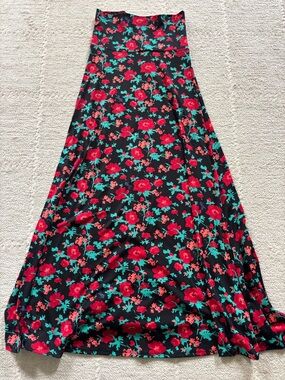 LuLaRoe Black Maxi Skirt with Red Floral and Teal Accents